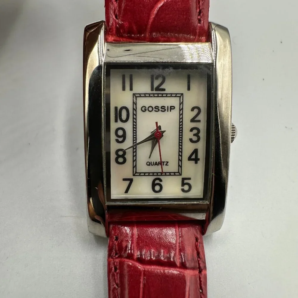 Gossip Tank Watch Women Silver Tone Red Second Hand Leather Band Works 9